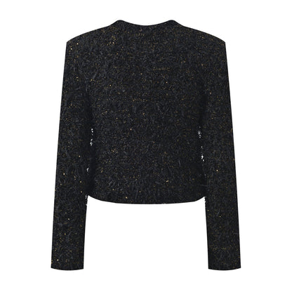 Luxurious Black Tweed Jacket with Gold Buttons - Black