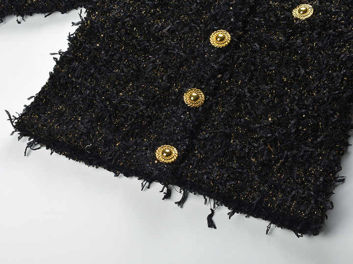 Luxurious Black Tweed Jacket with Gold Buttons - Black