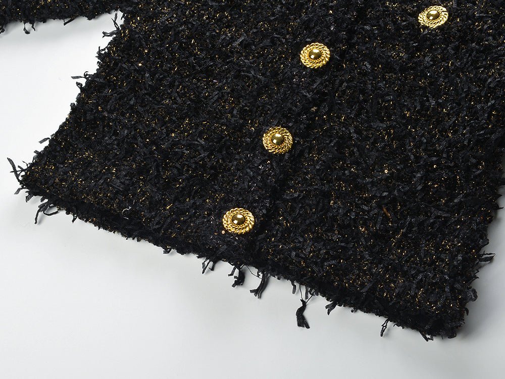 Luxurious Black Tweed Jacket with Gold Buttons - Black