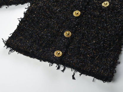 Luxurious Black Tweed Jacket with Gold Buttons - Black