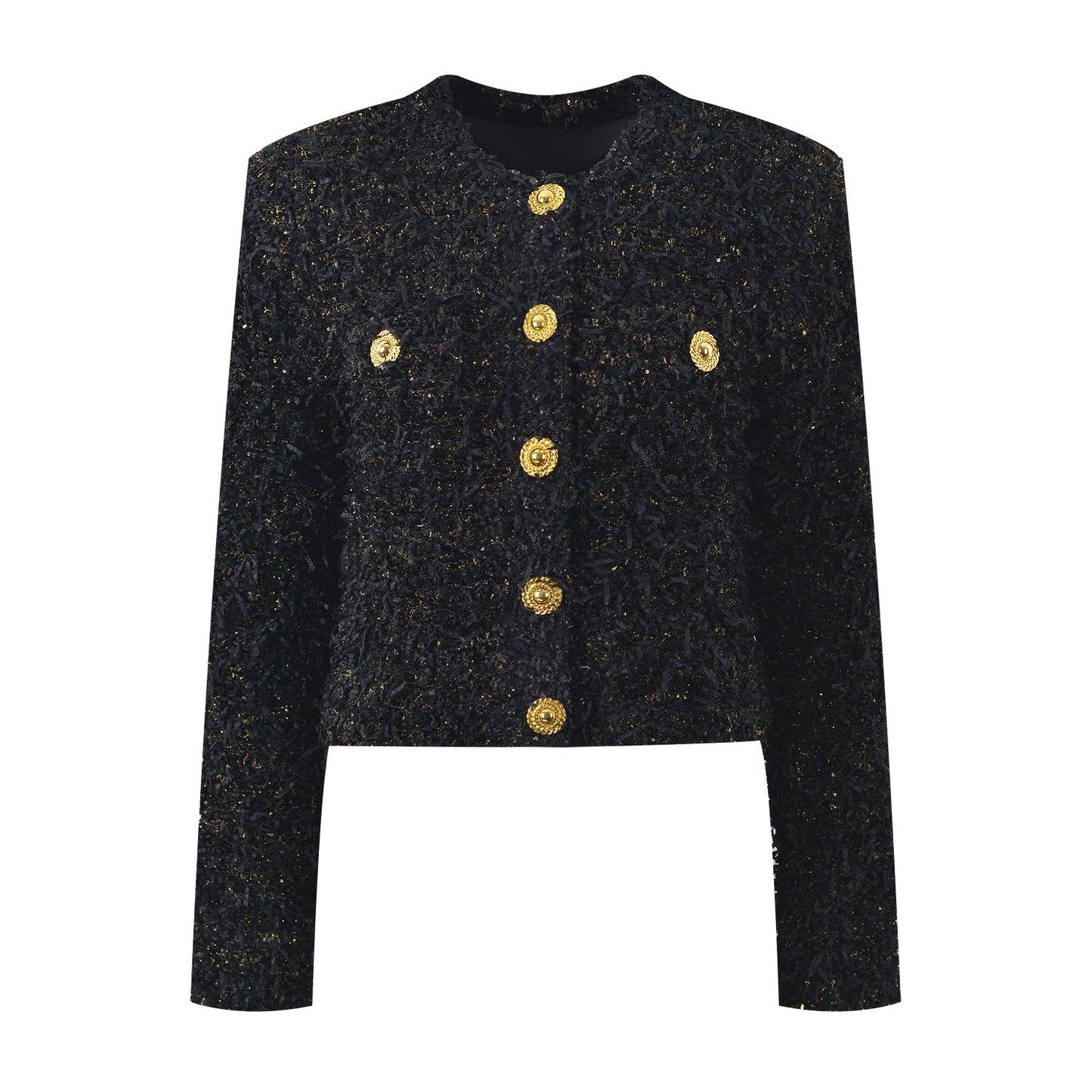 Luxurious Black Tweed Jacket with Gold Buttons - Black