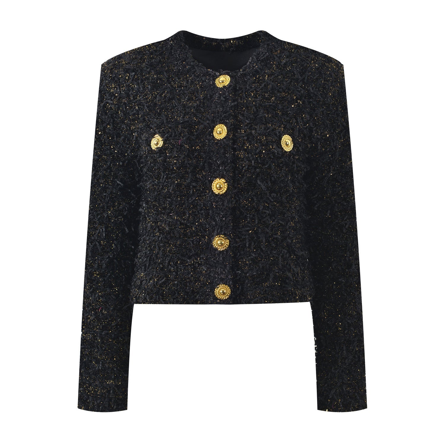 Luxurious Black Tweed Jacket with Gold Buttons - Black