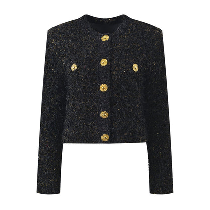 Luxurious Black Tweed Jacket with Gold Buttons - Black