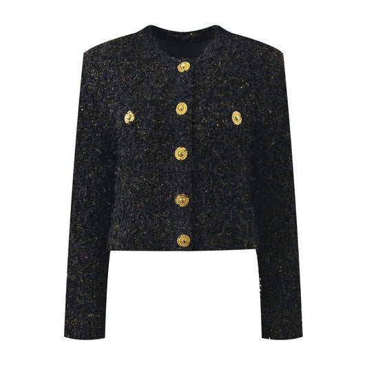 Luxurious Black Tweed Jacket with Gold Buttons - Black