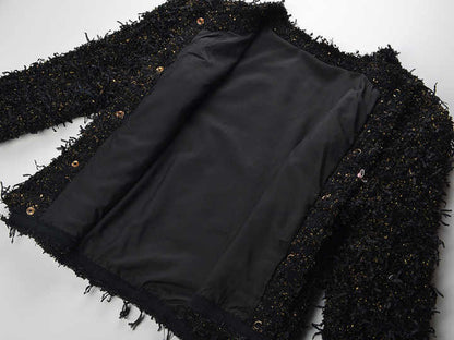 Luxurious Black Tweed Jacket with Gold Buttons - Black