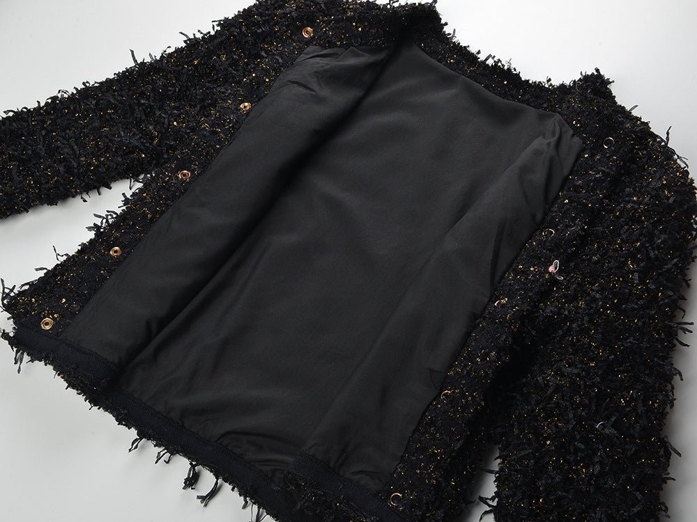 Luxurious Black Tweed Jacket with Gold Buttons - Black