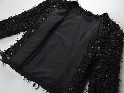Luxurious Black Tweed Jacket with Gold Buttons - Black