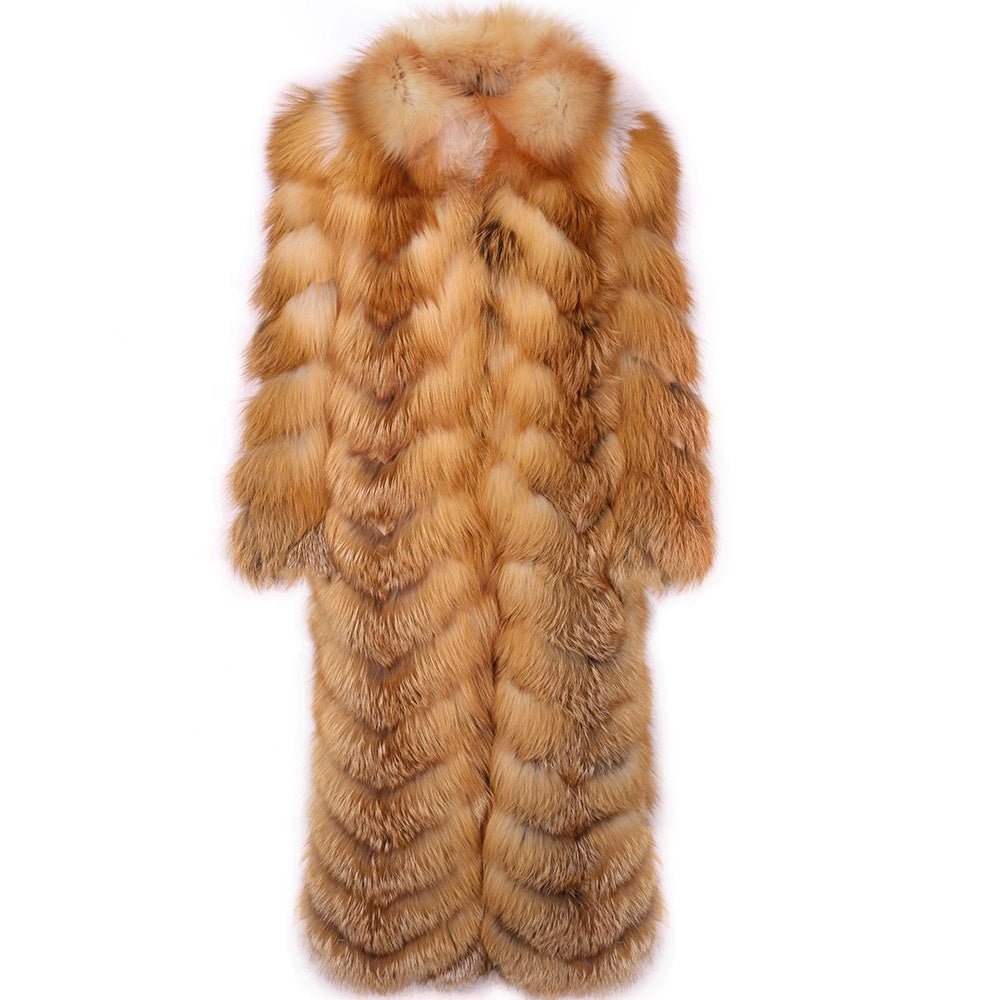 Luxurious Full - Length Fox Fur Coat with Turn - Down Collar - XXS