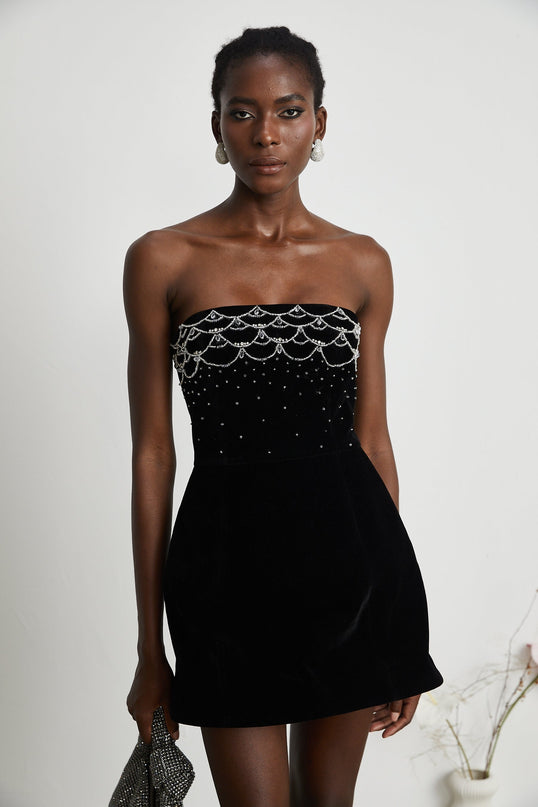 Lylah Black Velvet Crystal Embellished Off-The-Shoulder Mini Dress