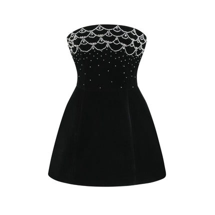 Lylah Black Velvet Crystal Embellished Mini Dress