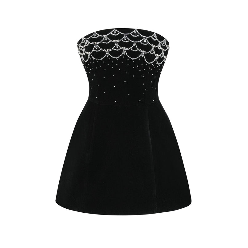 Lylah Black Velvet Crystal Embellished Mini Dress