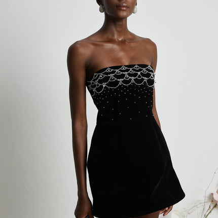 Lylah Black Velvet Crystal Embellished Mini Dress