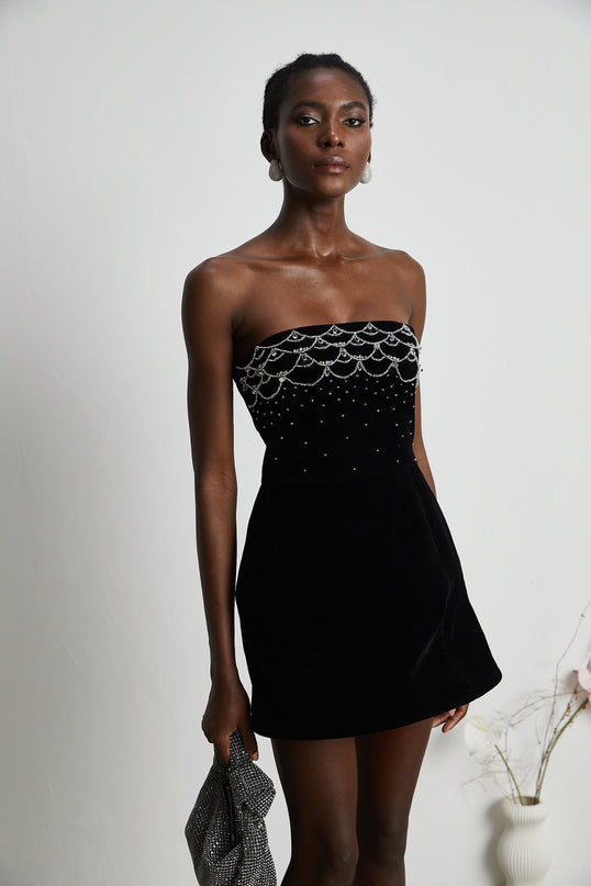 Lylah Black Velvet Crystal Embellished Mini Dress