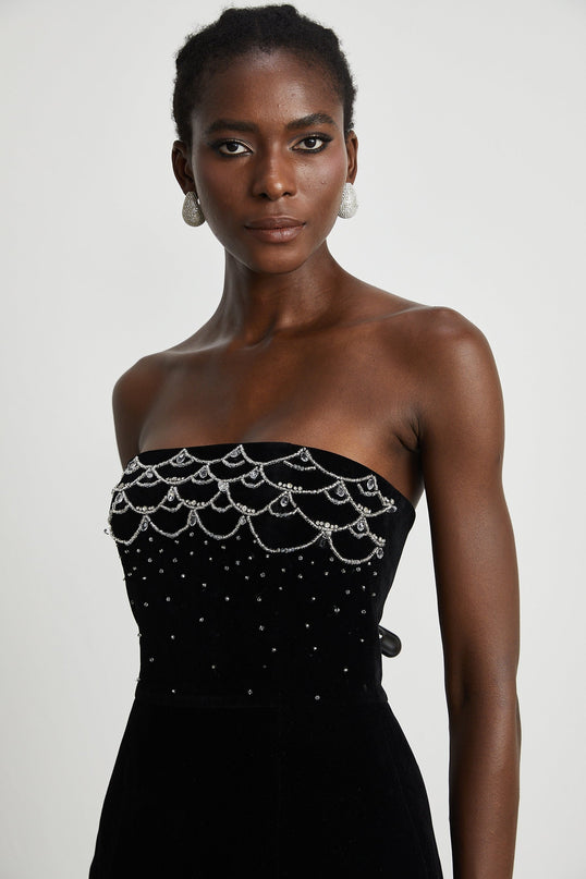 Lylah Black Velvet Crystal Embellished Off-The-Shoulder Mini Dress