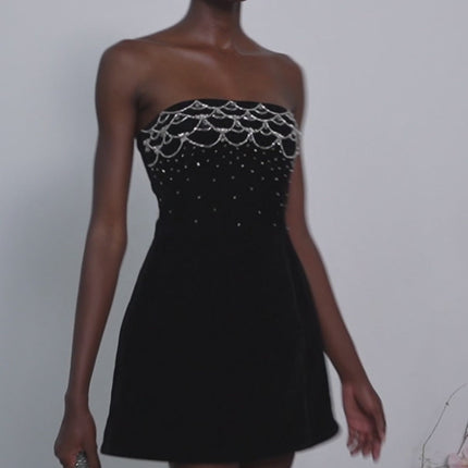 Lylah Black Velvet Crystal Embellished Mini Dress
