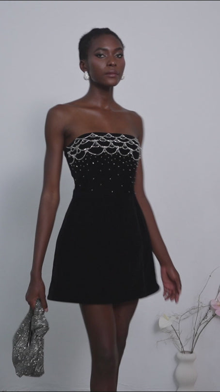 Lylah Black Velvet Crystal Embellished Mini Dress