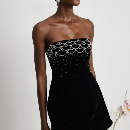 Lylah Black Velvet Crystal Embellished Mini Dress