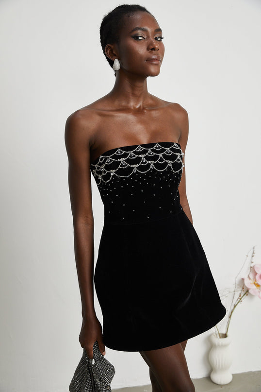 Lylah Black Velvet Crystal Embellished Mini Dress