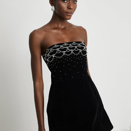 Lylah Black Velvet Crystal Embellished Mini Dress