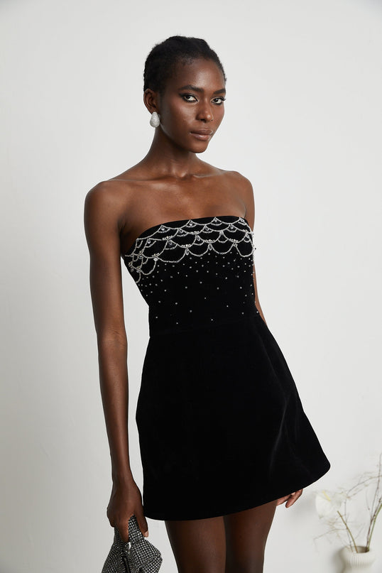 Lylah Black Velvet Crystal Embellished Mini Dress