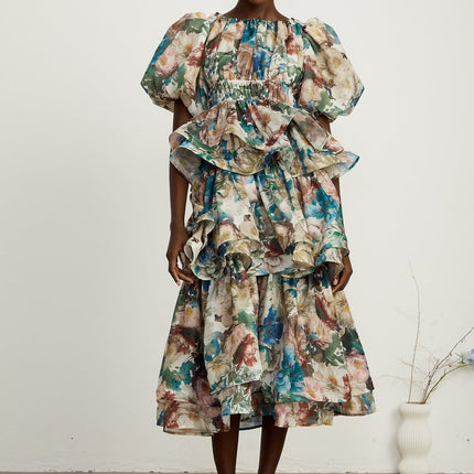 Lylah Floral Tiered Midi Dress in Neutrals Multicolor Hues on Mixed Linen Fabric