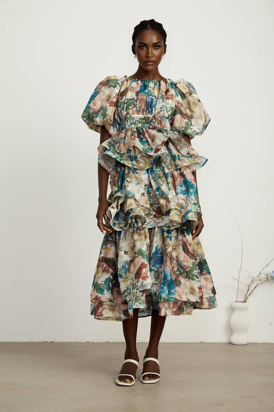 Lylah Floral Tiered Midi Dress in Neutrals Multicolor Hues on Mixed Linen Fabric