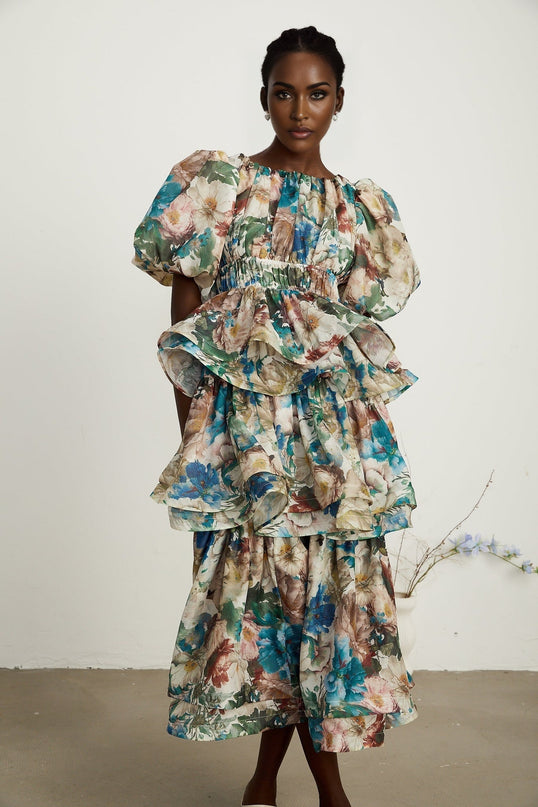 Lylah Floral Tiered Midi Dress Neutrals Multicolor Linen Fabric Short Puff Sleeves Pleated Tiered Design Rear Zip Fastening