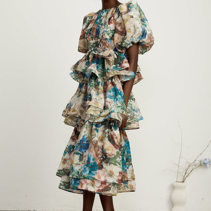 Lylah Floral Tiered Midi Dress Neutrals Multicolor Linen Fabric Puff Sleeves Size M Rear Zip Fastening Elegant Versatile