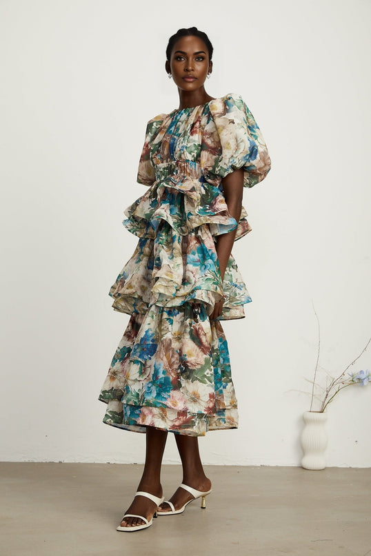 Lylah Floral Tiered Midi Dress Neutrals Multicolor Linen Fabric Puff Sleeves Size M Rear Zip Fastening Elegant Versatile