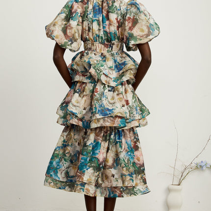 Lylah Floral Tiered Midi Dress in Neutrals and Multicolor Hues on Mixed Linen Fabric