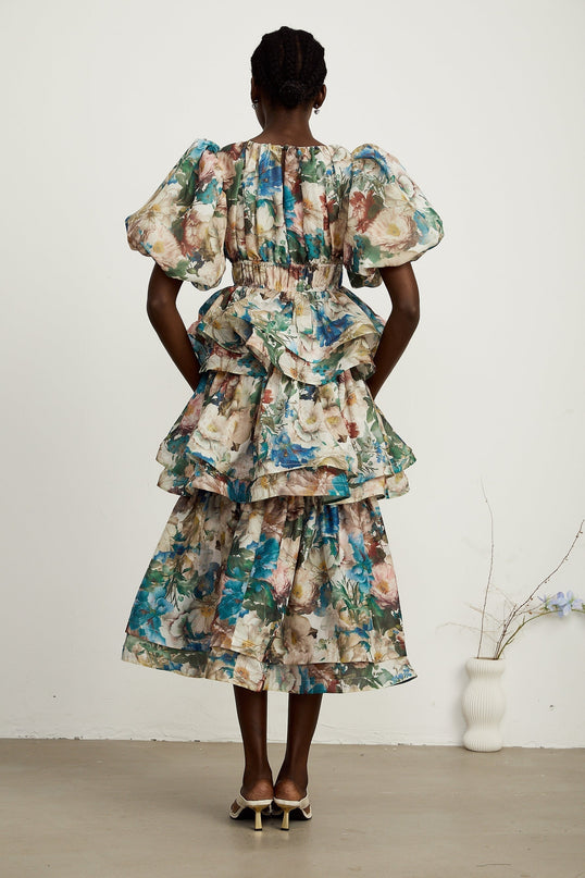 Lylah Floral Tiered Midi Dress in Neutrals and Multicolor Hues on Mixed Linen Fabric