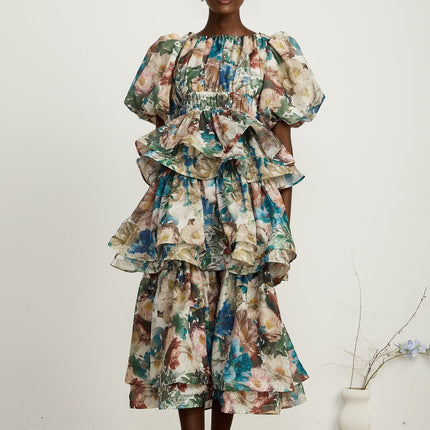 Lylah Floral Tiered Midi Dress in Neutrals Multicolor Linen Fabric
