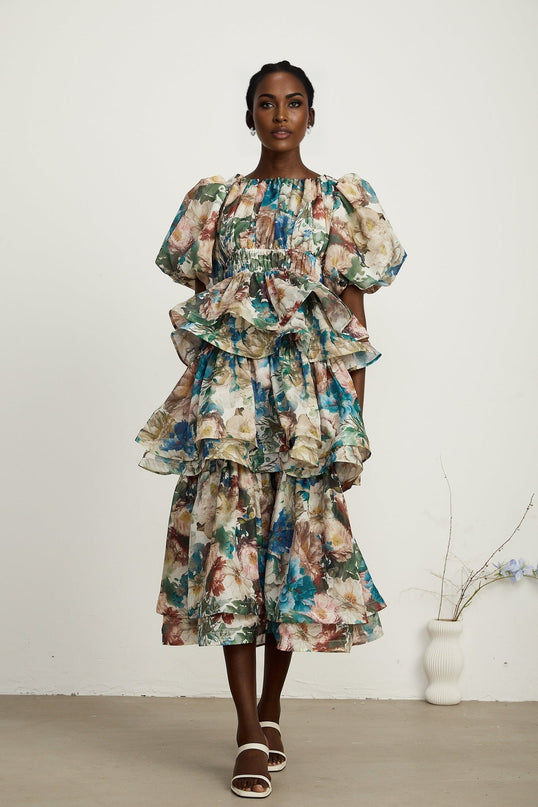 Lylah Floral Tiered Midi Dress in Neutrals Multicolor Linen Fabric
