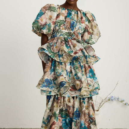 Lylah Floral Tiered Midi Dress in Neutrals Multicolor