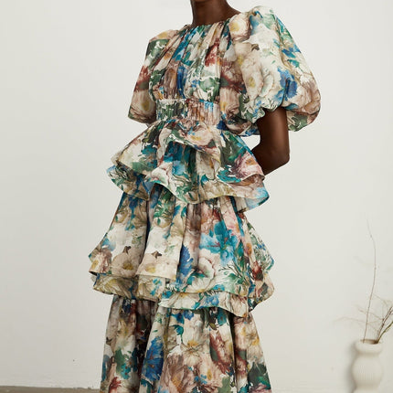 Lylah Floral Tiered Midi Dress in Neutrals Multicolor