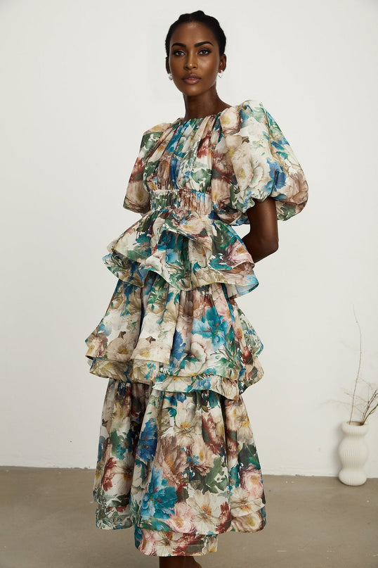 Lylah Floral Tiered Midi Dress in Neutrals Multicolor