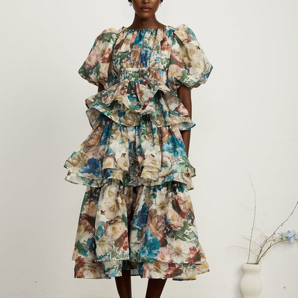Lylah Floral Tiered Midi Dress Neutrals Multicolor Linen Fabric Short Puff Sleeves Pleated Tiered Design Midi Length Rear Zip Fastening Elegant Versatile Upscale Occasion