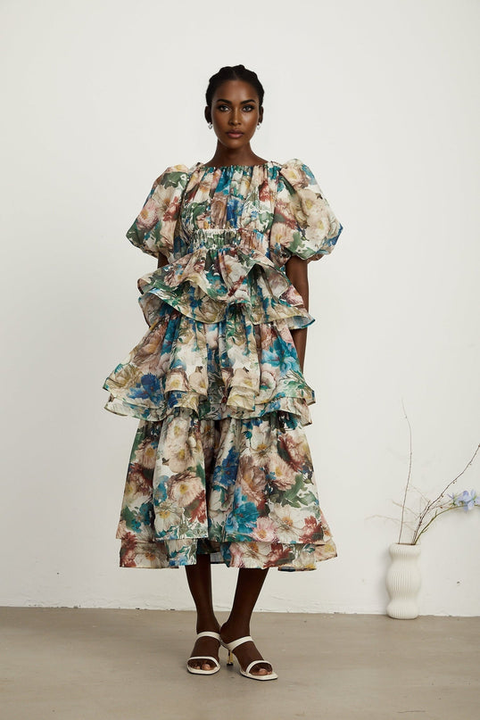 Lylah Floral Tiered Midi Dress Neutrals Multicolor Linen Fabric Short Puff Sleeves Pleated Tiered Design Midi Length Rear Zip Fastening Elegant Versatile Upscale Occasion