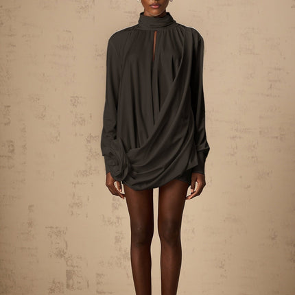 Mabel Black Mini Dress with Faux-Flower Detailing and Cut-Out Design