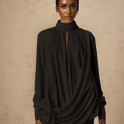 Mabel Black Mini Dress with Faux-Flower Detailing and Cut-Out Design