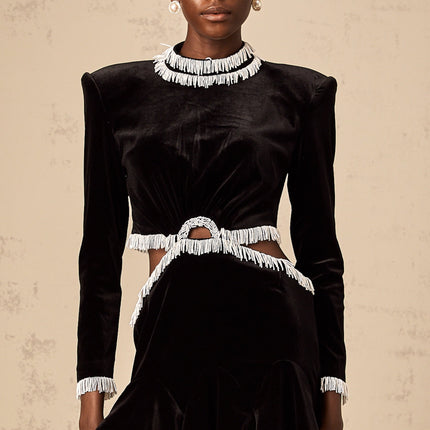 Mabel Black Velvet Mini Dress with Bead Embellishments