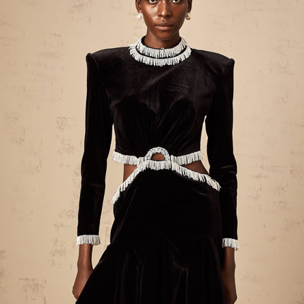 Mabel Black Velvet Mini Dress with Bead Embellishments and Cut-Out Design