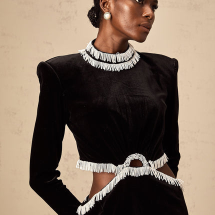 Mabel Black Velvet Mini Dress with Bead Embellishments and Fringed Detailing