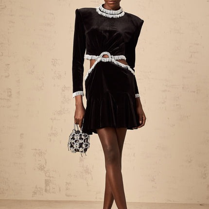 Mabel Black Velvet Mini Dress with Bead Embellishments and Cut-Out Design