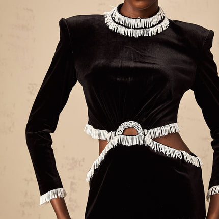 Mabel Black Velvet Mini Dress with Bead Embellishments and Fringed Detailing