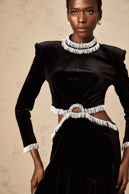 Mabel Black Velvet Mini Dress with Bead Embellishments and Fringed Detailing