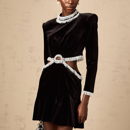 Mabel Black Velvet Mini Dress with Bead Embellishments and Fringed Detailing