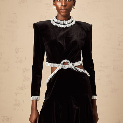 Mabel Black Velvet Mini Dress with Bead Embellishments and Fringed Detailing