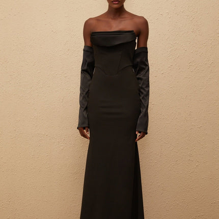 Mackenzie Black Maxi Dress Corset Style Boned Bodice Terylene Fiber Slit Cuffs Flared Hem Rear Zip Fastening