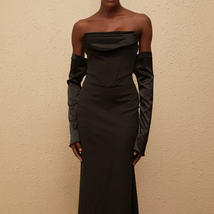 Mackenzie Maxi Dress in Black with off-shoulder design and corset-style bodice, crafted from 100% Terylene fiber for special occasions